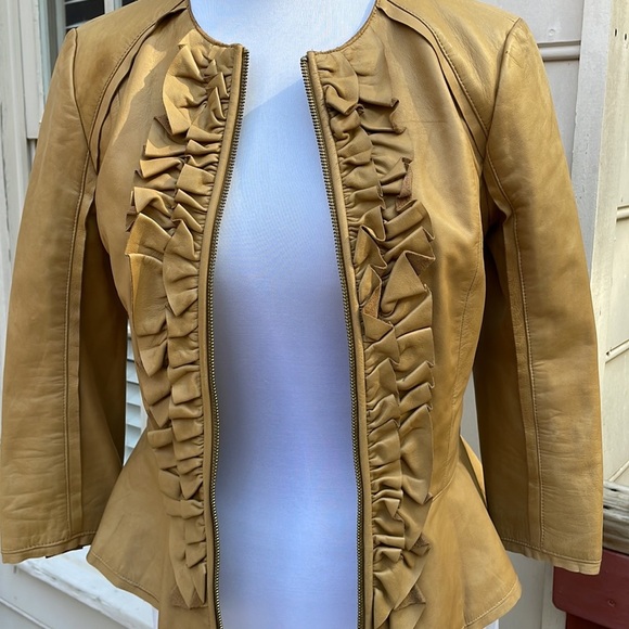 TORY BURCH Peplum Camel Leather Jacket Size 2 - Picture 4 of 14